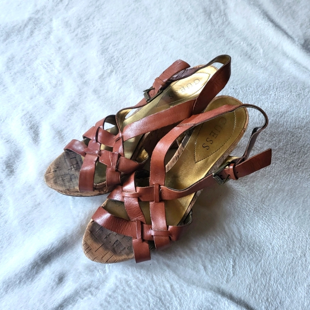 Guess wedge sandals sling back faux leather brown  women's size 8